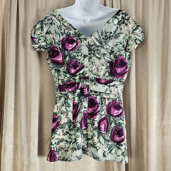 Nanette Lepore green white purple floral silk blouse top Womens 8 - Picture 3 of 7